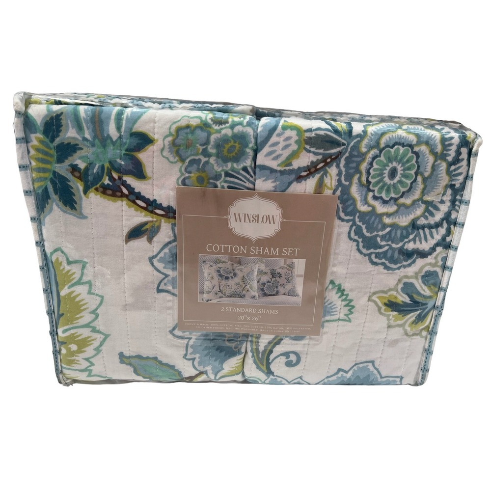 Winslow Standard Quilted Pillow Shams Blue Green Floral 20" X 26" New in Package